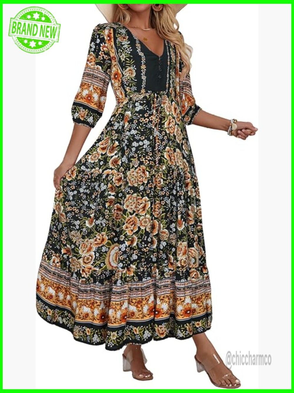 Rayon V-Neck Floral Maxi Dress Bohemian Casual Beach Party Wear